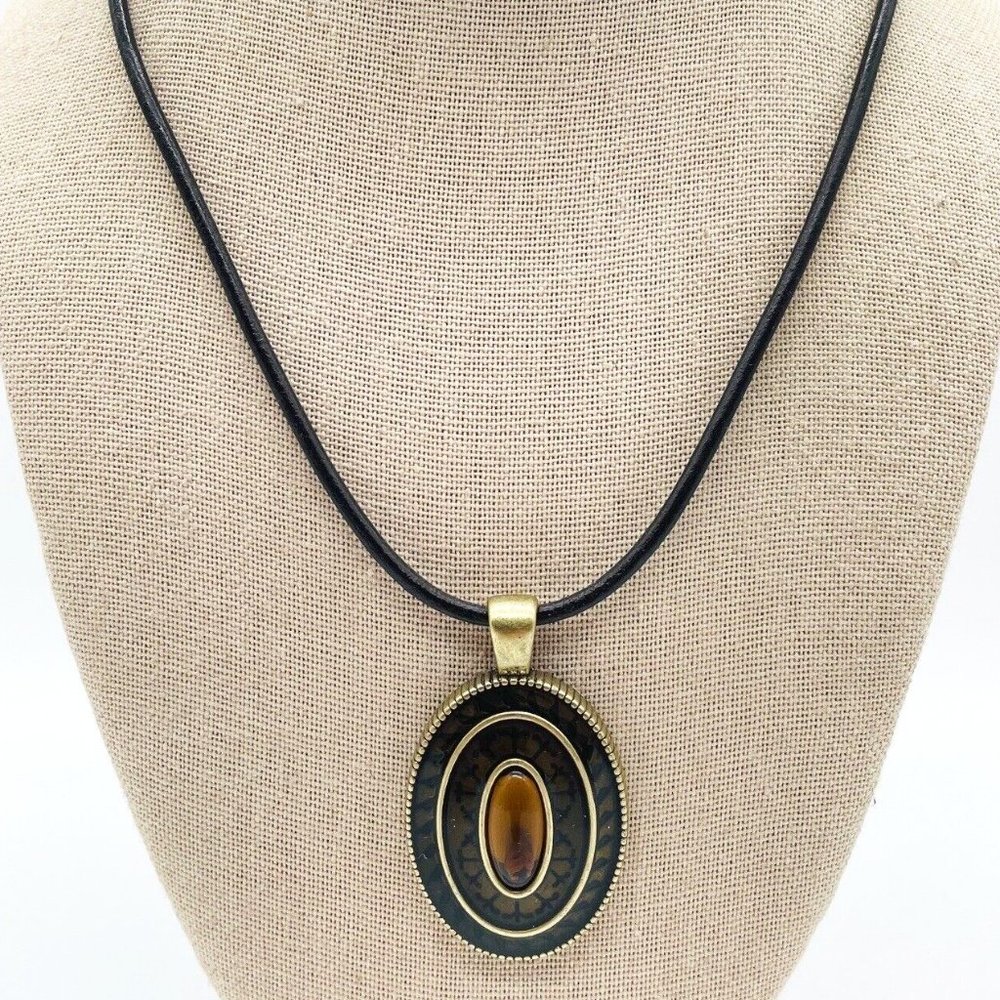 Lia Sophia Burnished Gold & Amber Pendant Necklace on Black Cord